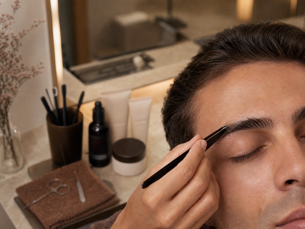 Men's brow grooming service in a refined salon setting.