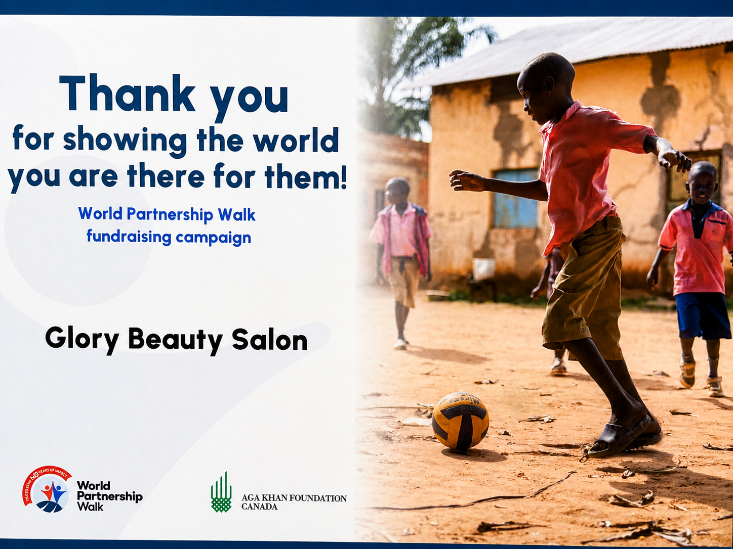 World Partnership Walk fundraising certificate for Glory Beauty Salon.