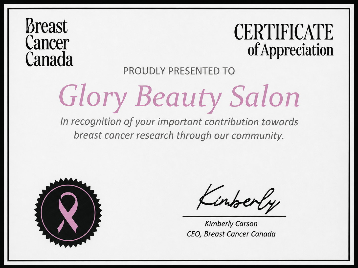 Breast Cancer Canada certificate of appreciation for Glory Beauty Salon.